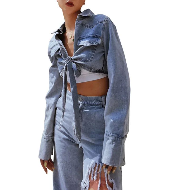 

Design fashion season new temperament sexy lapel long sleeve strap denim top women tide 629090