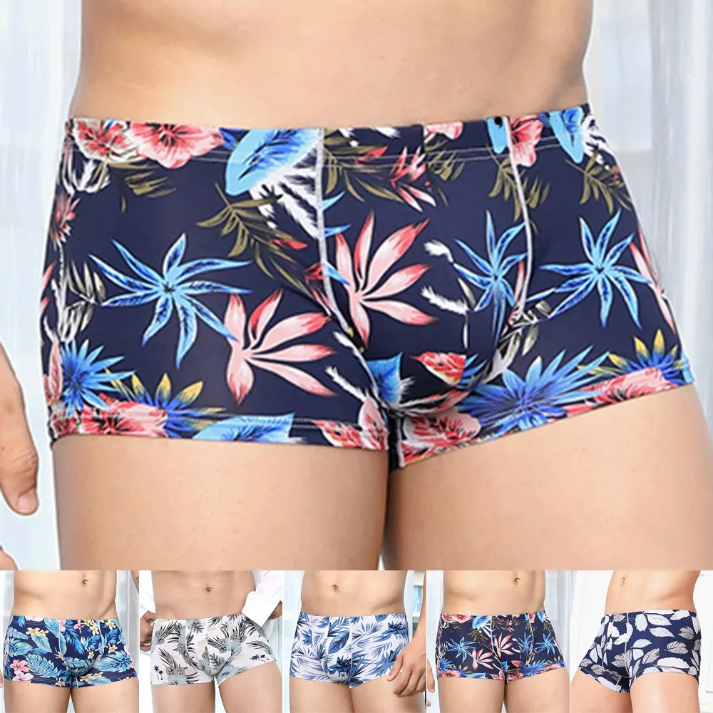 

Fashion Men's Sexy Underwear Low Waist Ice Silk Print Four-Corner Breathable Boxershorts Skinny Seamless Boxer Jockstrap Briefs
