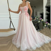 simple baby pink tulle prom dresses spaghetti straps sweetheart handmade flowers prom gowns a line formal party dresses