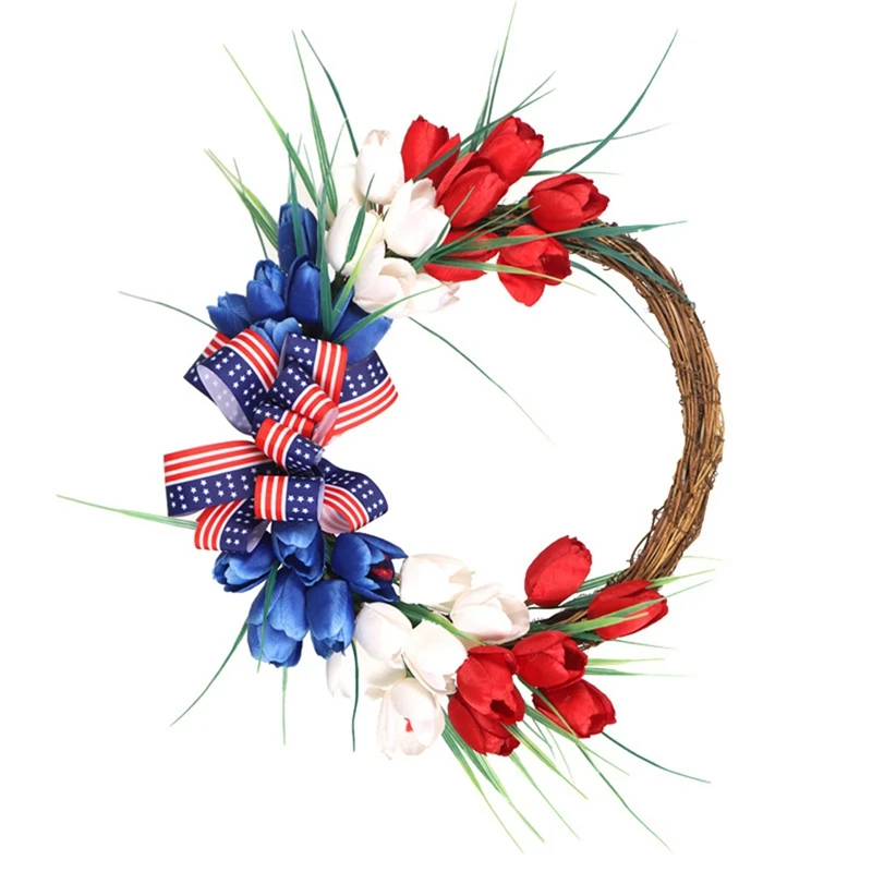 

American Patriotic Tulip Wreath July 4Th Independence Day Wreath for Front Door Wall Window Wedding Party Decor