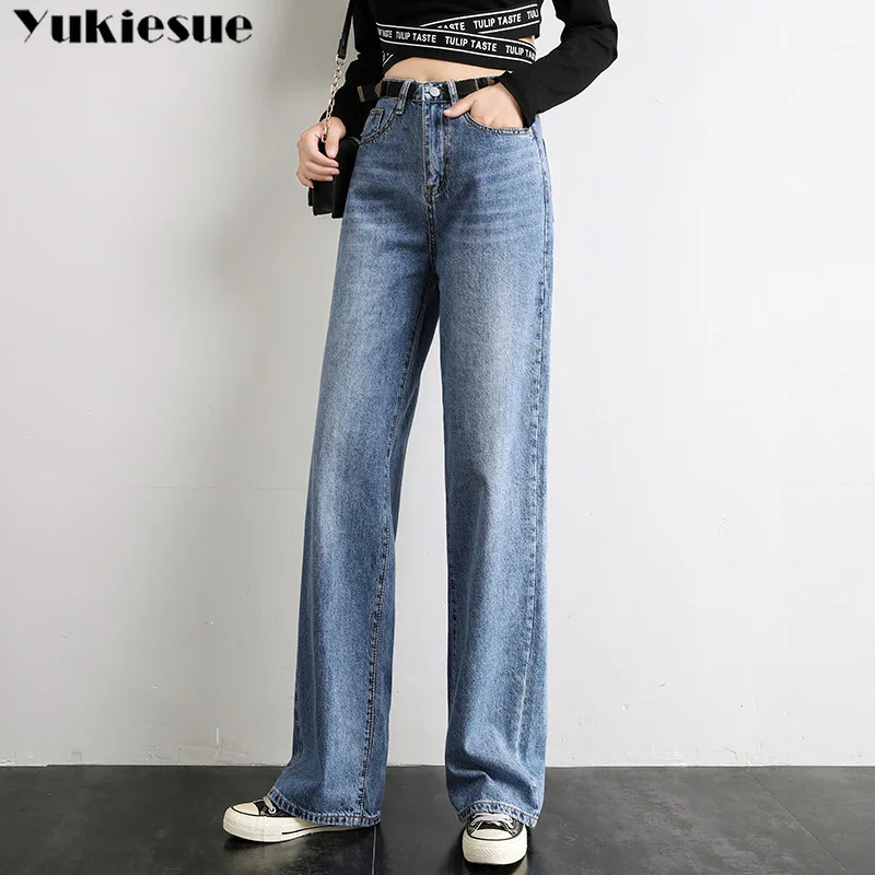 

Женские джинсы с высокой талией, джинсовая одежда с широкими штанинами, синяя уличная одежда, винтажные Качественные прямые брюки в стиле Х...