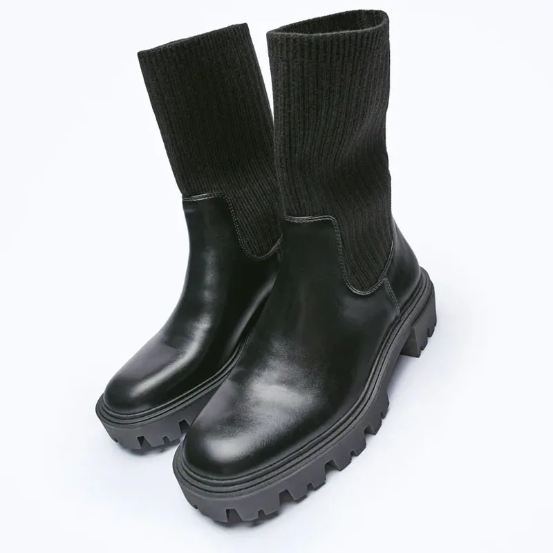 

Женские ботильоны на низком каблуке Za, черные эластичные ботинки мартинсы с круглым носком, зимняя теплая обувь, 2021