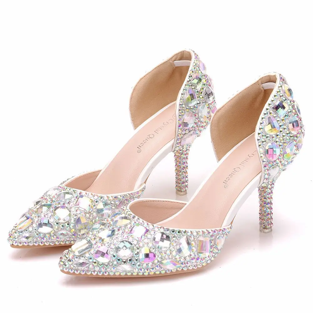 

7.5cm diamond wedding shoes thin heel pointed sandals hollow two piece sandals foreign trade large size crystal wedding shoes