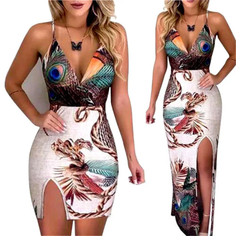 

Summer Elegant Women Sling V Neck Peacock Feather Print Split Pencil Skirt Female Bodycon Mini Short Vestidos Beach Sundress