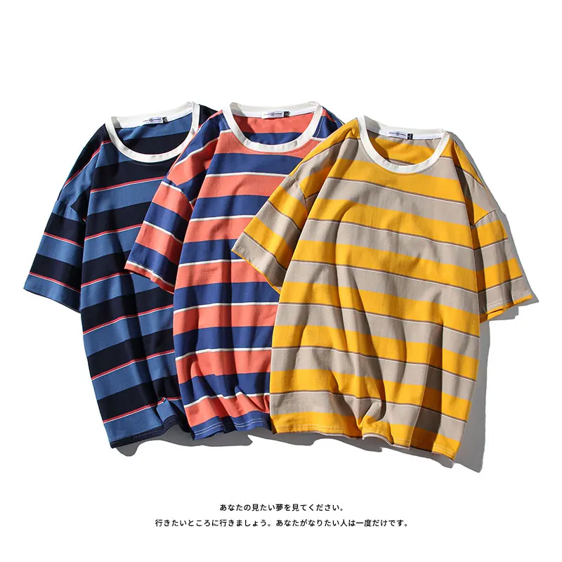 

2021 Summer Short Sleeves Harajuku Korea Fashion T-shirt Streetwear Striped Hip Hop Rock Punk Men'S Top Tees Tshirt Clothes