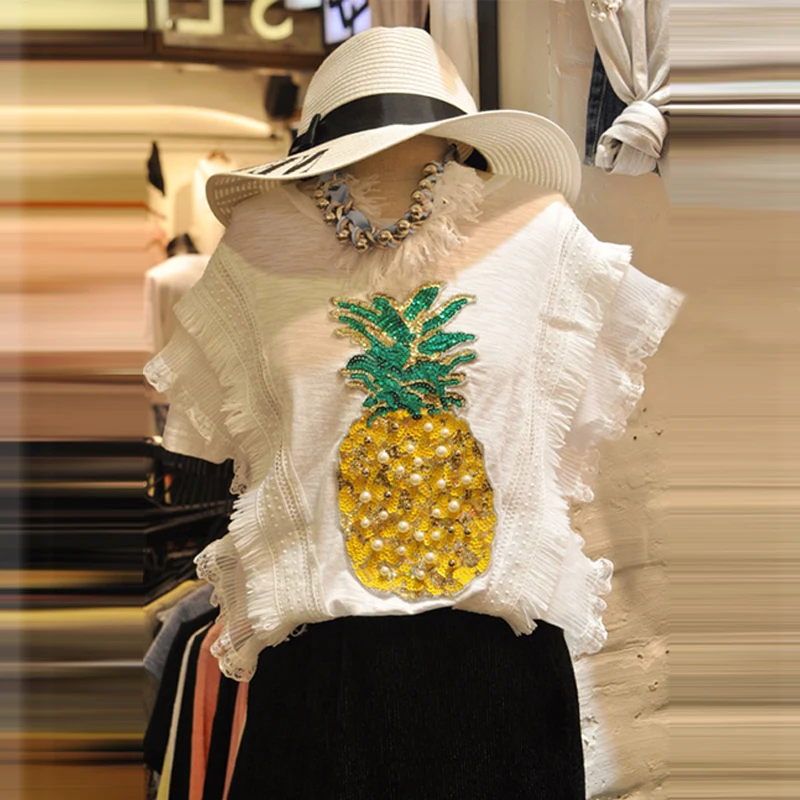 Женская футболка из хлопка и льна летний топ с вышивкой бисером ананасами