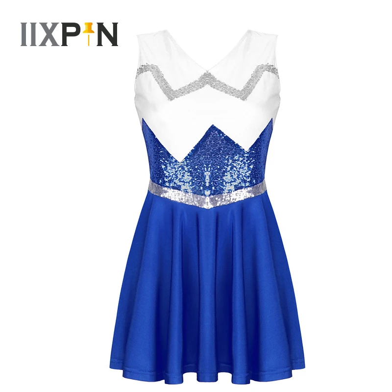 

Women Ballet Dance Dress Cheerleader Costume Sleeveless Shiny Sequins Flared Short Dress Performance Dance Competition Clothes