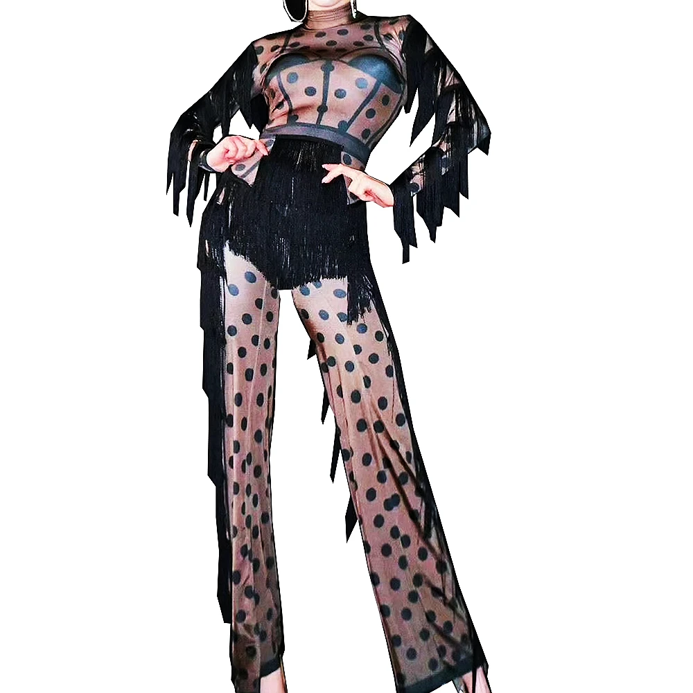 

Black Dots Print Personality Women Jumpsuits Tassel Long Sleeve Loose Playsuits Nightclub Singer Dancer Performance Stage Wear