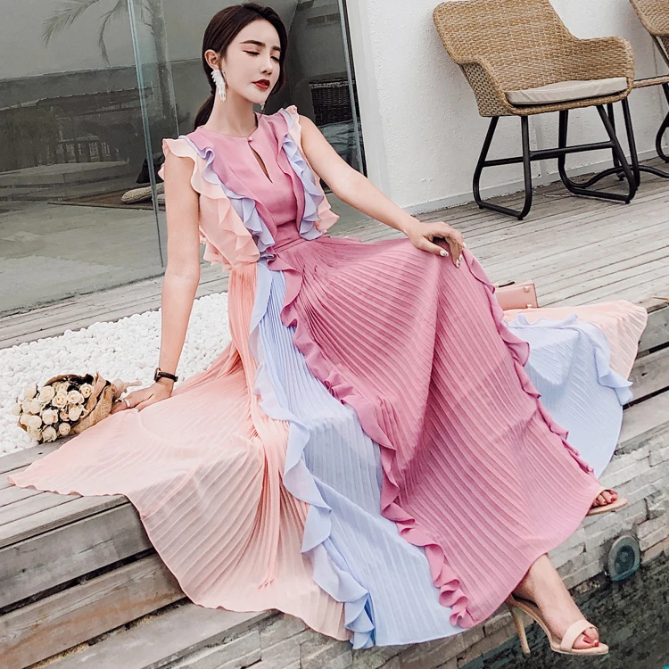 Женское длинное Плиссированное Платье шифоновое платье макси без рукавов в