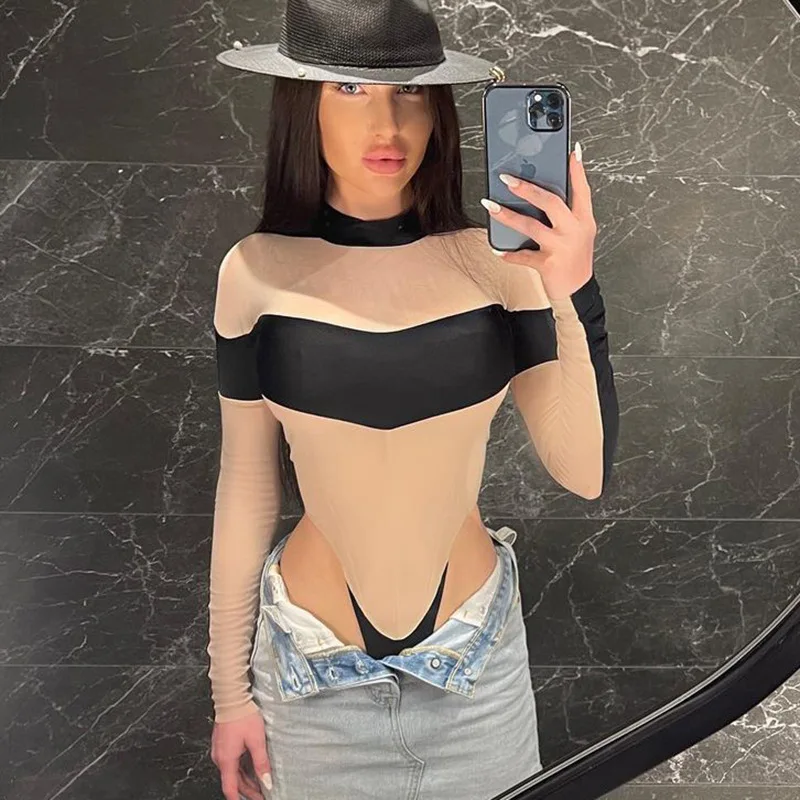 

DSMTRC 2021 Осень-Зима Нижнее белье Y2K модная спортивная одежда женский лоскутный принт о-образный вырез с длинным рукавом облегающий тонкий сек...