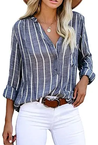 Женская блузка в полоску с V образным вырезом|Рубашки| |