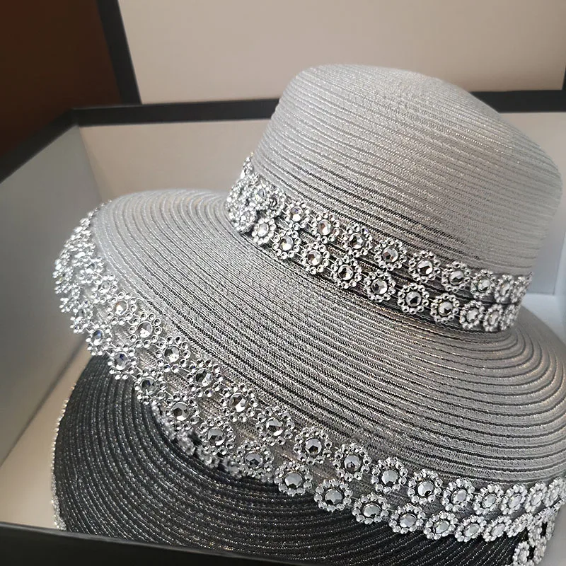 

HT302 Female Summer women's hat Hepburn Style Vintage Sun Hat Plastic Decor Straw Hat White Black Color Beach Holiday Beach Hat