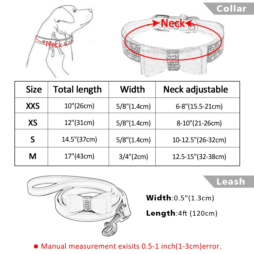 Ошейник Стразы замшевый с бантом и поводком для домашних питомцев набор