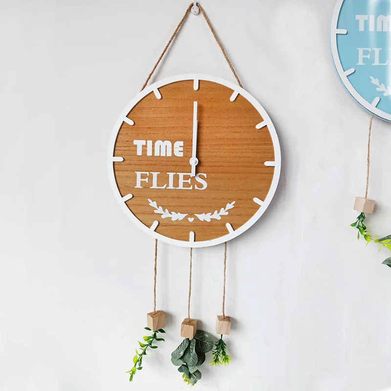 

Nordic Creative Round Wall Clock Wall-mounted Wooden Clock Home Decoration Living Room Decor Hanging Artificial Plants
