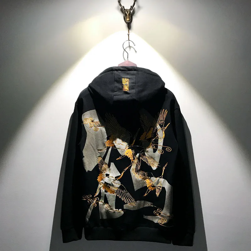 

New Long Sleeve Hoodies Cotton Loose Gold Fleece Couples Cranes Embroidery Printing Men's Wear Women's Sweatshirts Mens Tops