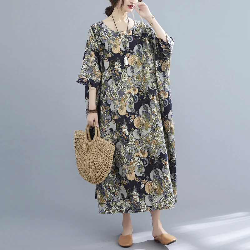 

Plus Size Summer Woman Dress 2021 Large Size Cotton Linen Printed Soft Long Lady Big Loose Casual Women's Robe Sukienka