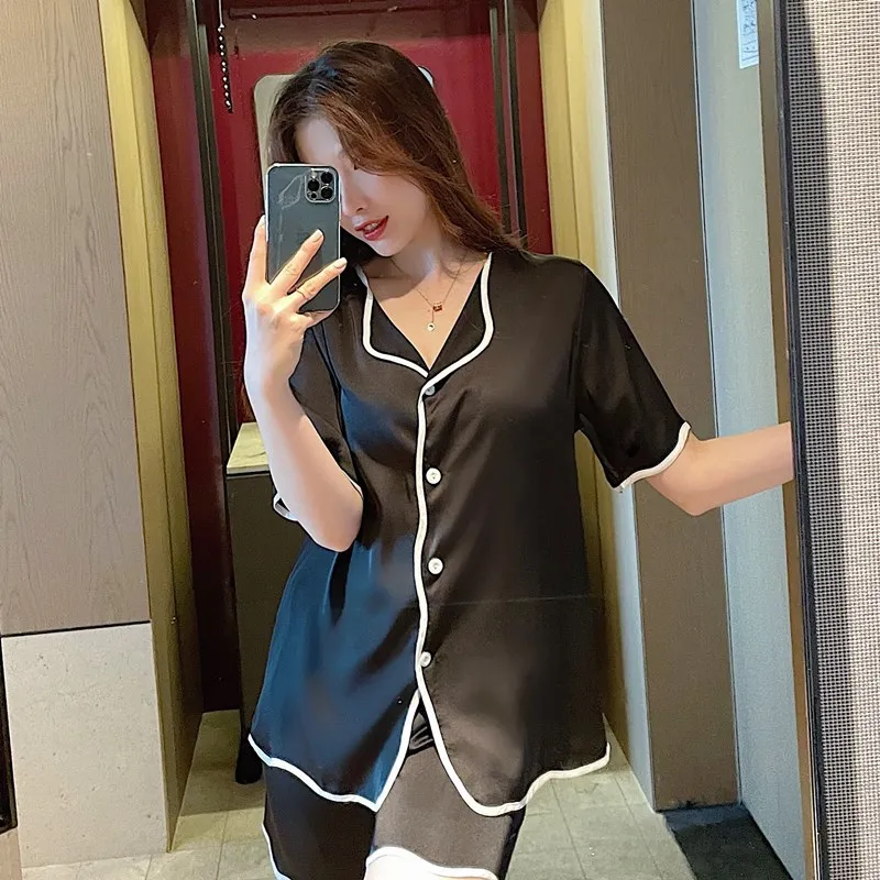 

Satin Summer 2PCS PJS Sets Button-Down Nightwear Print Pajamas Suit Women Sleepwear Long Sleeve Ruffles Lingerie Lounge Wear