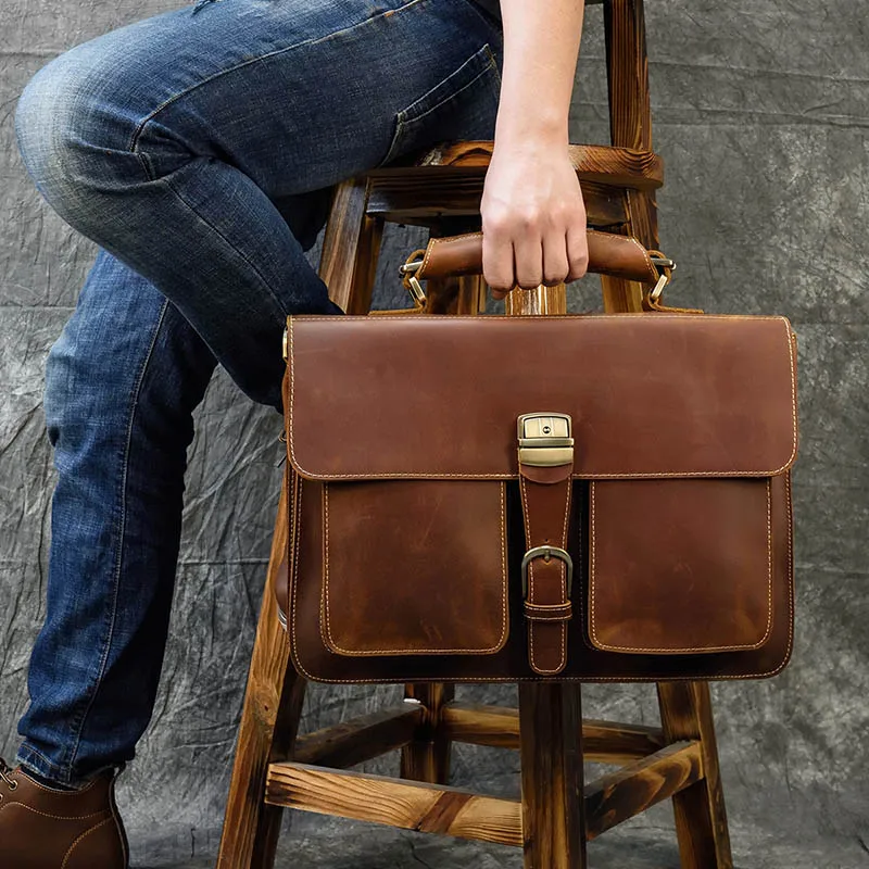 Genuine Leather Men's Briefcase Cowhide 15 inch Laptop Business Bag Vintage Cowhide Shoulder Bag Man Office Handbag Portfolio