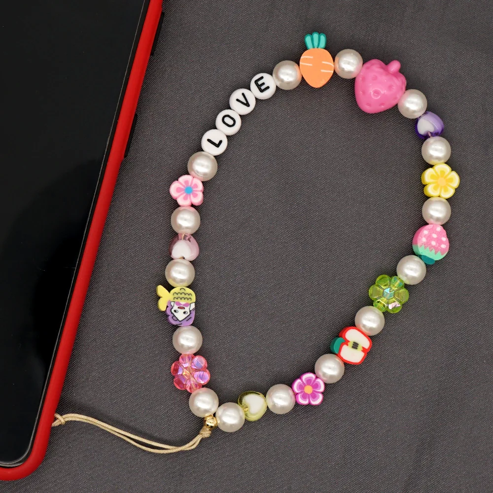 

Cartoon Mermaid Phone Chain 2021 Boho Pearl Beads Accessories Cute Strawberry Lanyard Jewelry Kawaii Flower Rope for Mobile Gift