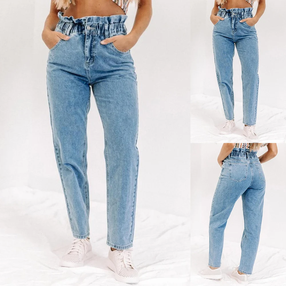 

Women's Jeans Casual Solid Color Button Elastic Waist Jeans Autumn Winter Mid-Waist Denim Straight Pants