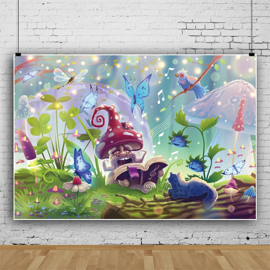 

Fantasy Wonderland Background Butterflies Mushroom Cat Kids Birthday Party Baby Shower Table Backdrop Decoration Booth Banner