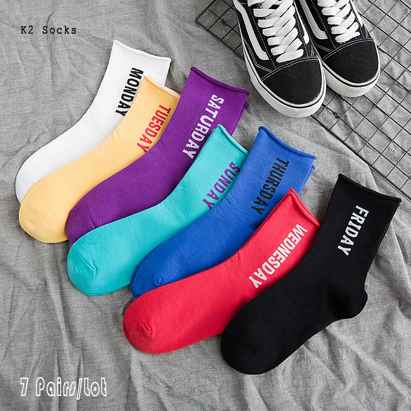 

7 пар/лот письмо носки без пятки из хлопка Harajuku Забавный твердый Цвет недели в Корейском стиле счастливые носки в стиле хип-хоп, свободыне му...