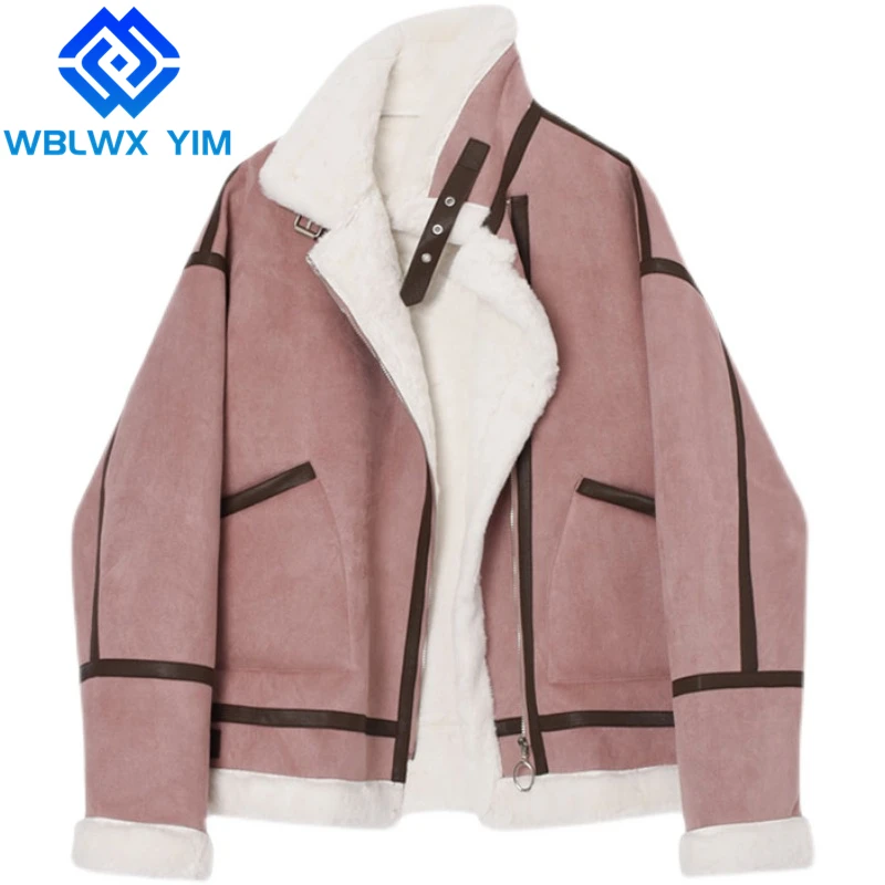 

Замшевая куртка для женщин, Толстая теплая Модная куртка из овечьей шерсти и искусственной кожи, женские свободные мотоциклетные пальто на ...