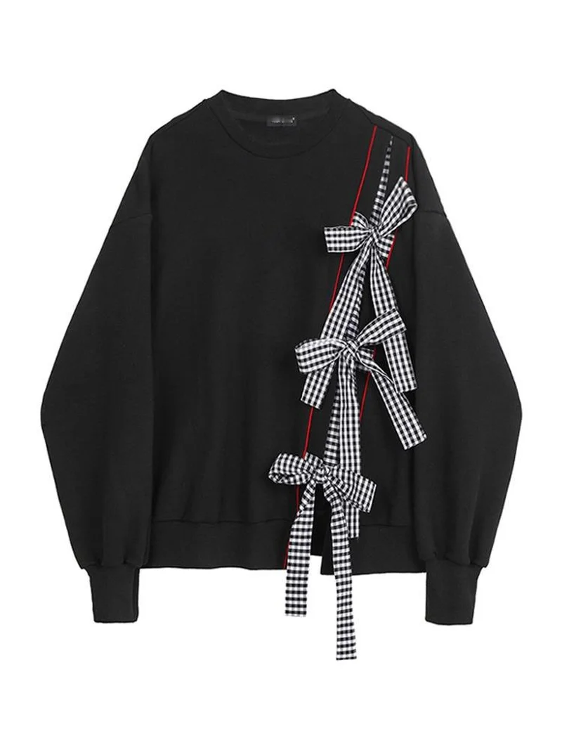

New Chic Plaid Stripes Bow Patchwork Design Women Hoodies Spring Long Sleeve Sweatshirt Woman New Ins Fashion O Neck Tops