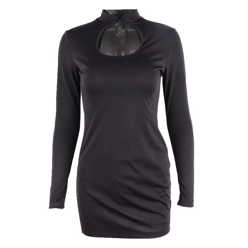 

Spring Autumn Sexy Cut-Out Split Mini Dresses Women Club Fashion Elegant Long Sleeve Black Bodycon Dress Clothes