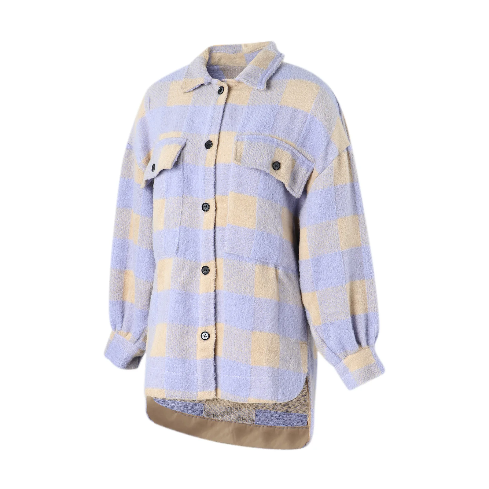 

2021 New Women's Turn-down Collar Button Down Jacket Classic Long Sleeve Plaid Print Lapel Coat with Pockets Split Ponchos Coats