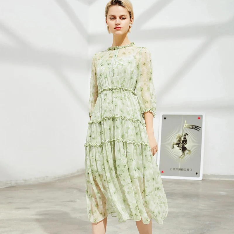 

100% Heavy Silk Women's Runway Dresses O Neck 3/4 Sleeves Printed Tiered Ruffles Fashion Casual Mid Calf Dresses