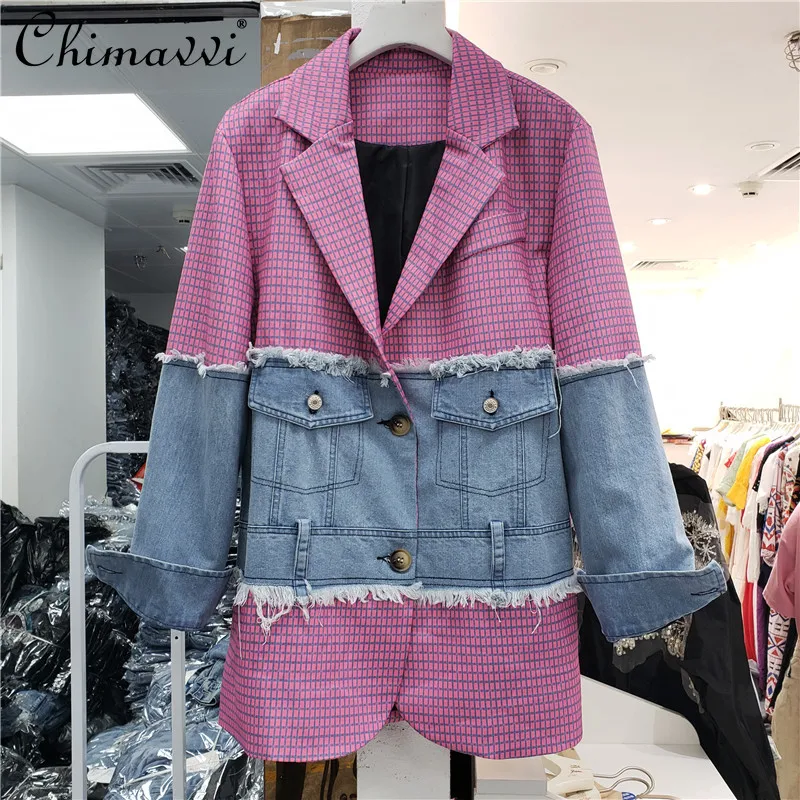 Retro Plaid Stitching Denim Elegant Lapel Loose Slimming Suit Coat 2021 Autumn Office Lady All-matching Casual Fashion Blazer