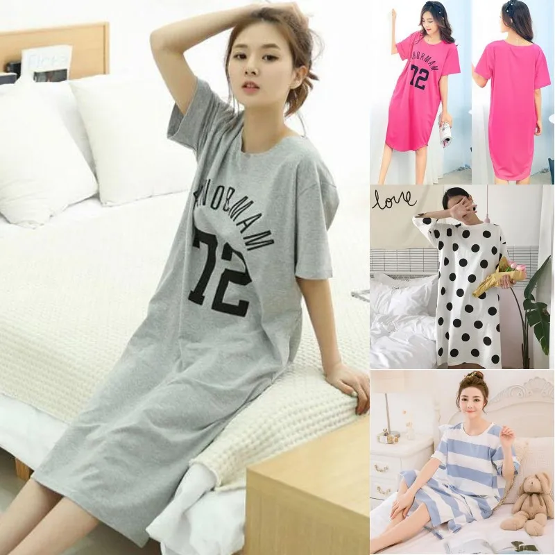 

Women Summer Letter Milk Silk Letter Polka Dot Print Loose Long Nightdress Home Pajamas Round Neck Short-sleeved Nightdress!