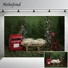 Фон для фотосъемки новорожденных с изображением зеленого леса дерева Деда Мороза Красного почтового ящика оленя