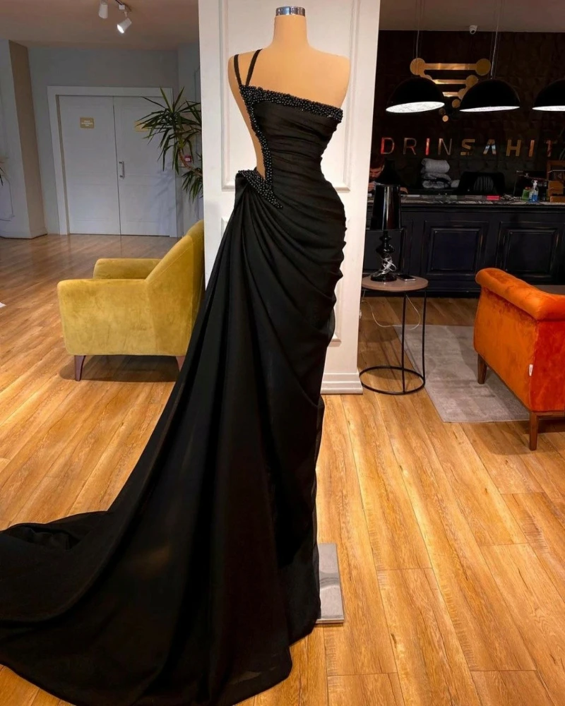 

Elegant Black One Shoulder Mermaid Beach Evening Dress For Women Girls Sleeveless Formal Prom Gown Beadings Longue Robes