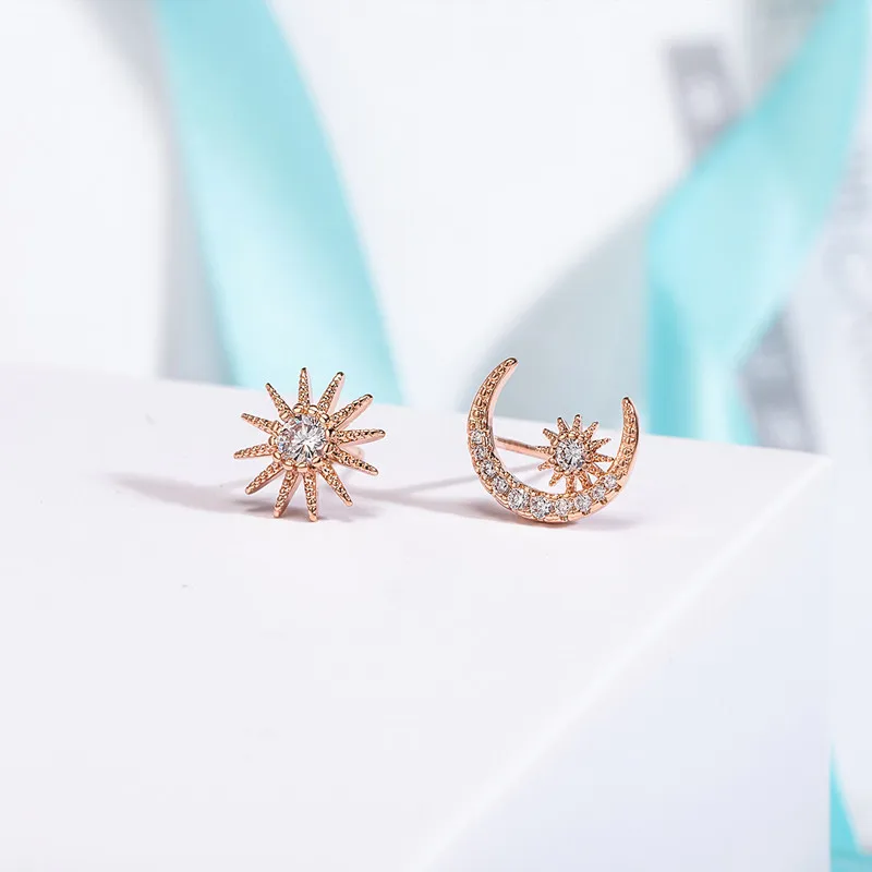 Настоящее золото 14k серьги корейские асимметричные в форме Луны женские Orecchini