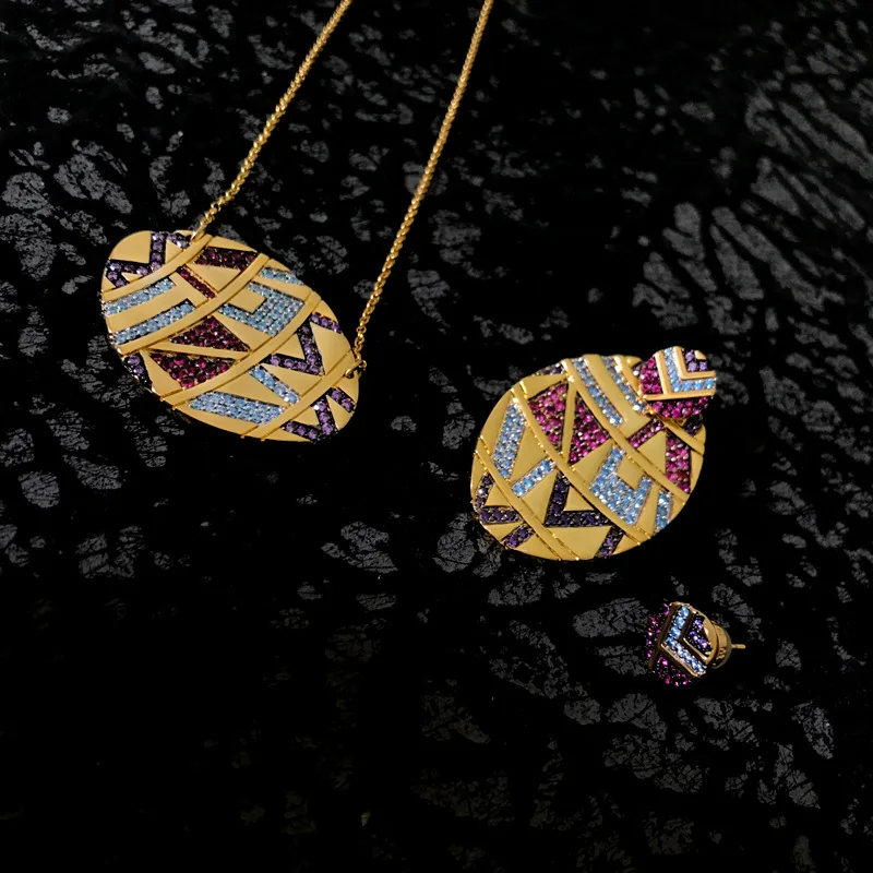 

S925 silver new colorful Tribal Style Oval Earrings Necklace women's gold retro personality design Bohemian style Fashionable
