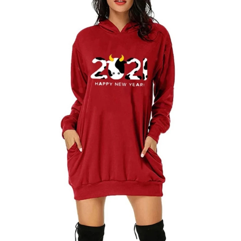 

Womens 2021 Cow Printed Hoodie Dress Long Sleeve Solid Color Casual Loose Sweatshirt Happy New Year Holiday Pullover Tunic Tops