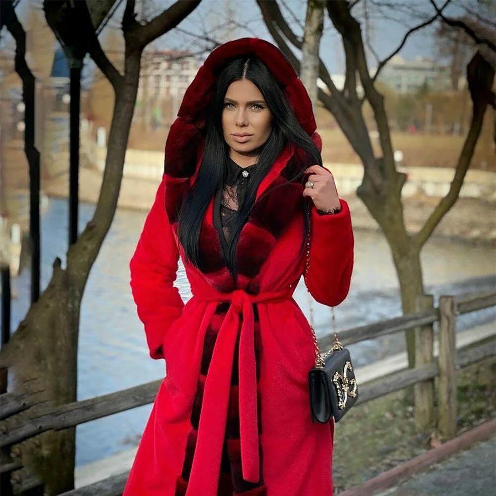 Fashion Red Wool Blends Coat with Rex Rabbit Fur Long Collar Natural Hooded Genuine Rex Rabbit Fur Cashmere Coats Female Outwear enlarge