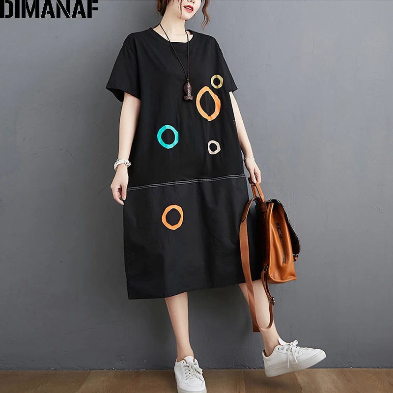 Женское платье с принтом DIMANAF свободный хлопковый сарафан до колен черного цвета