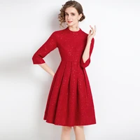 larci 2021 autumn winter women s dress elegant small stand up collar 34 sleeve tweed slim mid length a line small red dress