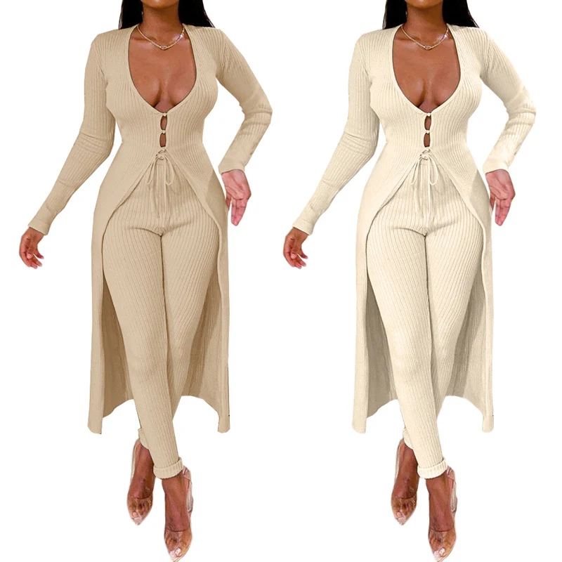 

Женский элегантный длинный Тренч и брюки, комплект из двух предметов, модный пиджак с V-образным вырезом, Женская Повседневная офисная одежд...