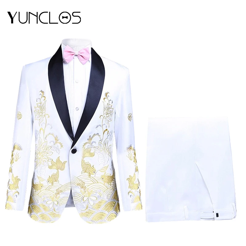 YUNCLOS Men 3 Pieces Suits One Single Button Wedding And Party Embroidered Dress (jacket + pant+ bow tie) Two Pockets | Мужская одежда