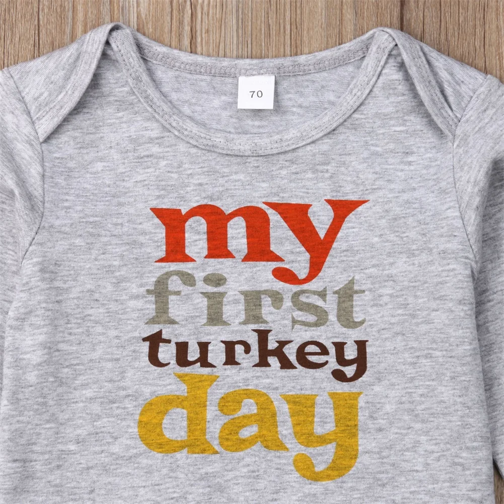 2019 Brand Cotton Infant Newborn Baby Boy Girls Letter Tops Romper Turkey Striped Long Pants Outfits Set Thanksgiving Clothes | Детская