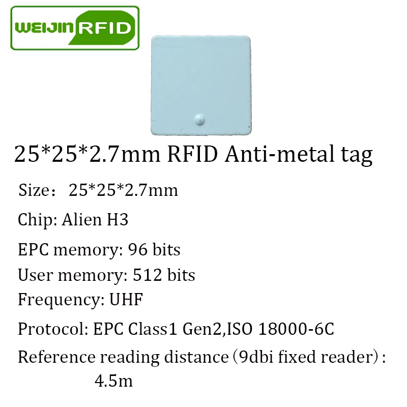 UHF RFID Метка 915 м 868 Alien H3 EPC ISO18000 6c 100 шт. Бесплатная доставка 25*25*2 7 мм фиксированные
