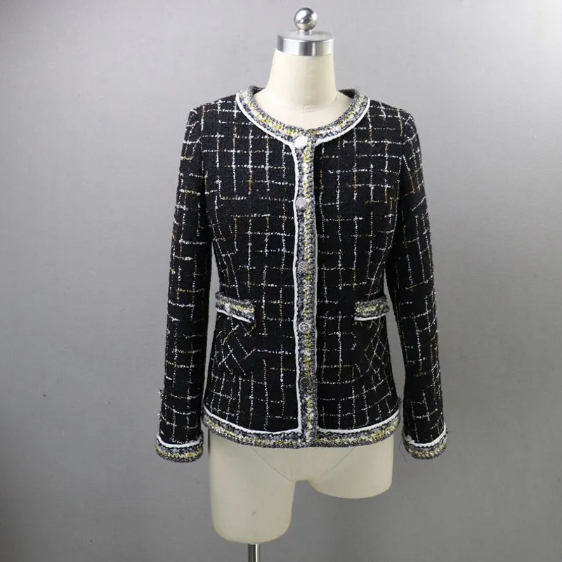 Женский твидовый пиджак подиумный облегающий однобортный жакет в клетку с