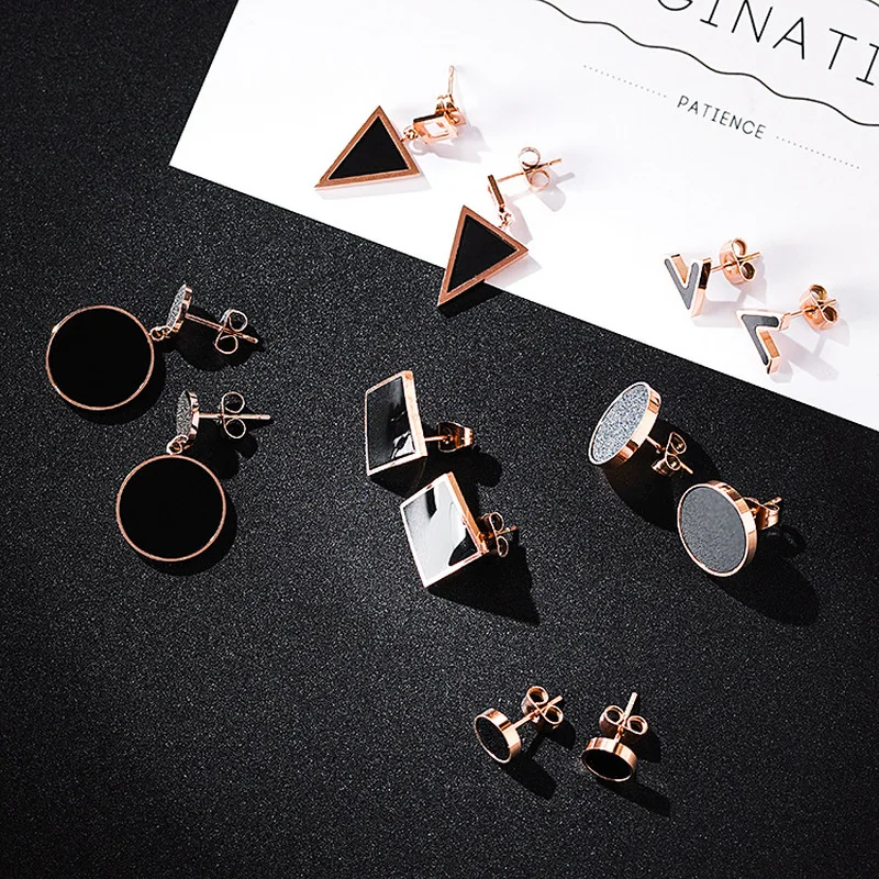 Женские треугольные серьги гвоздики простые из титановой стали с круглой