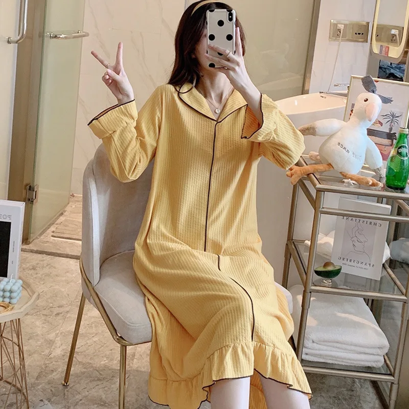 2021 Long Sleeve Nightdress Women's Spring Autumn Thin Casual Loose Long Skirt Solid Color Nightgown Dress Female Sleepwear