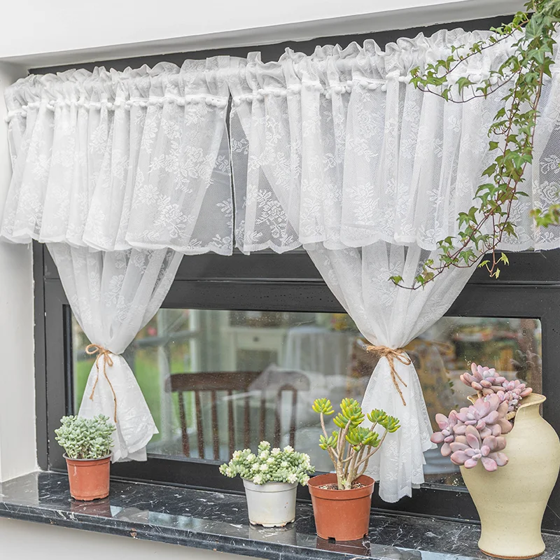 

White Lace Valance Curtains for Living Room Short Sheer Curtain for Bathroom Cupboard Coffee Kitchen Tulle Curtain Window Decor