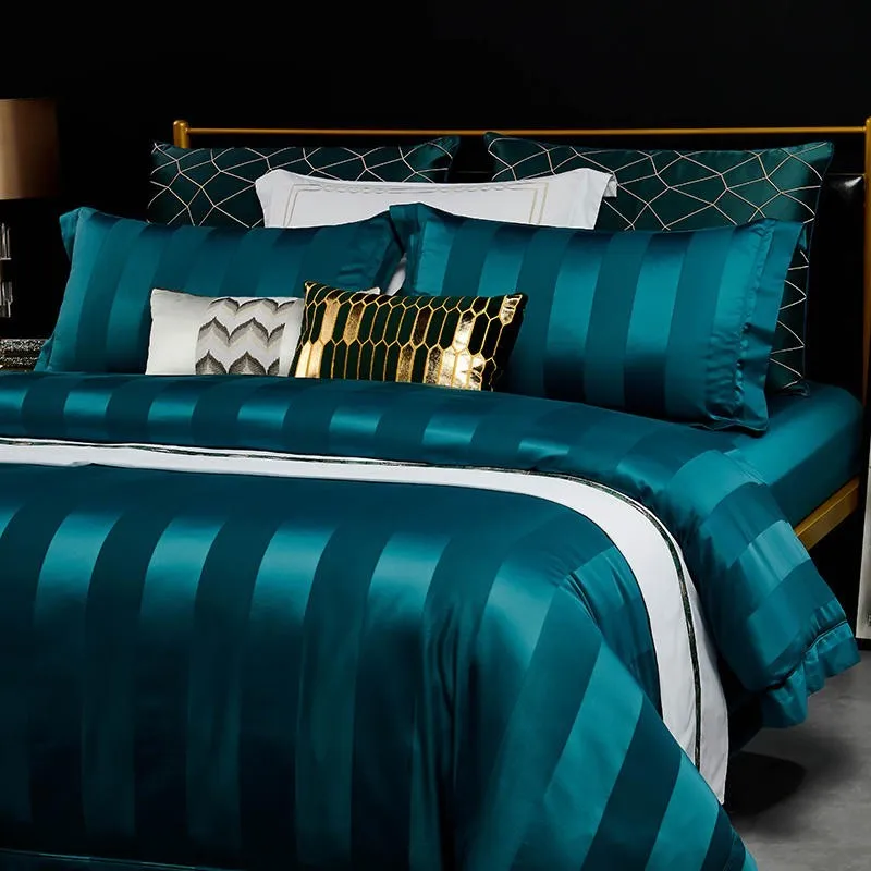 barato Verde Cinza Listrado Conjunto Capa De Edredão 1000tc Algodão Egípcio Macio Jogo Cama Tripas Verticais Com Zíper Folha Fronhas